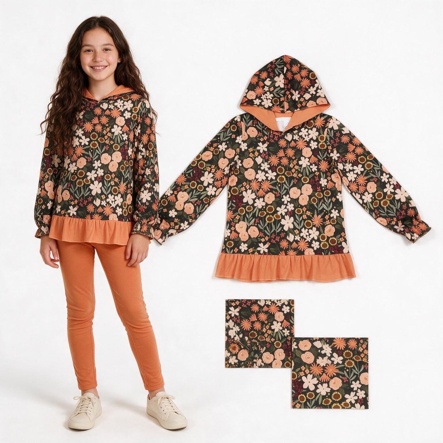 GT1644 Fall Flower Orange Kids Girls Hoodie Pullover