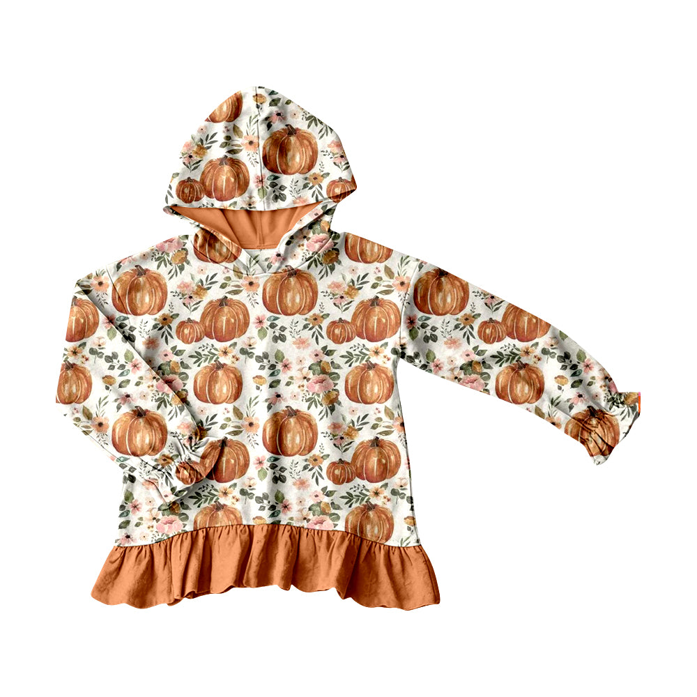 MOQ 5 PCS Preorder GT1647 Pumpkin Flower Leaf Orange Ruffle Hooded Long Sleeve Girls Tops 202604