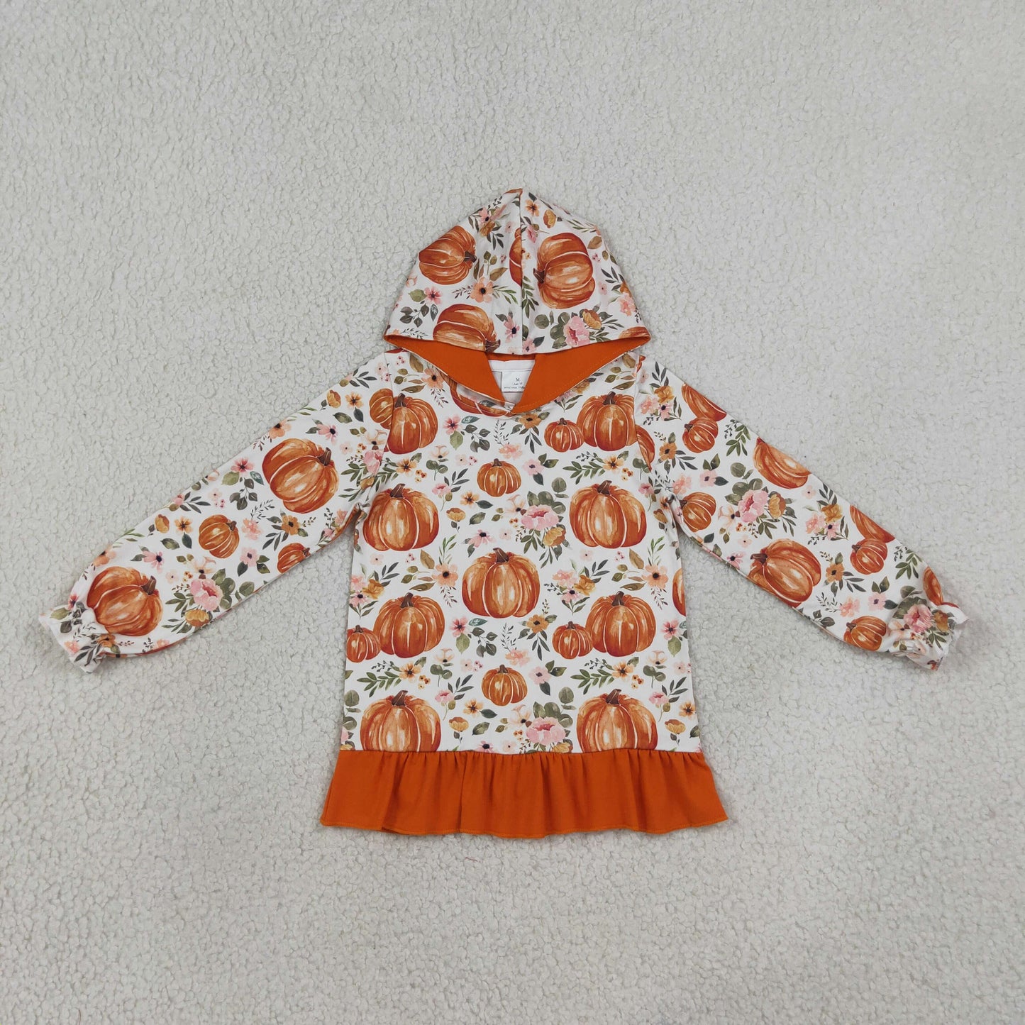 GT1647 Pumpkin Flower Leaf Orange Ruffle Hooded Long Sleeve Girls Tops 202608 RTS