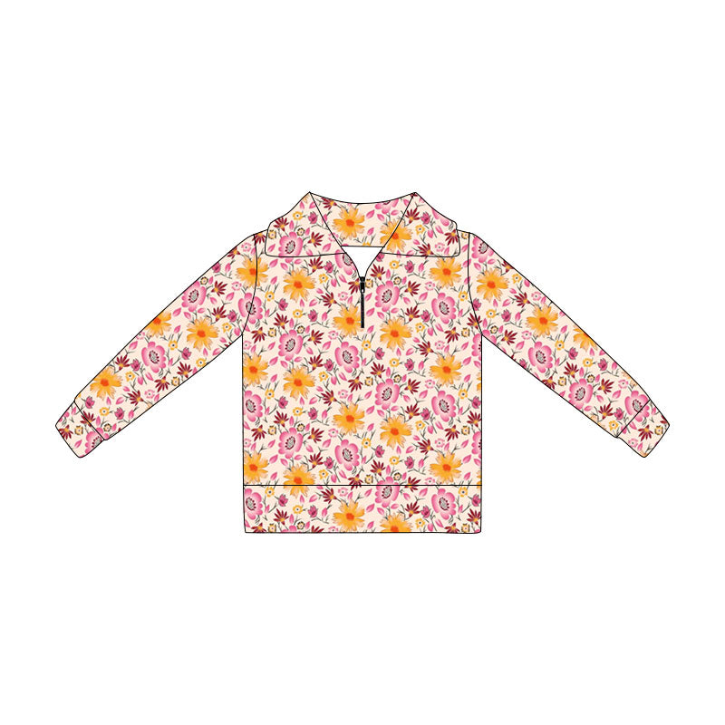 MOQ 5 PCS Preorder GT1648 Pink Orange Flower Zip Collar Long Sleeve Girls Tops 202604