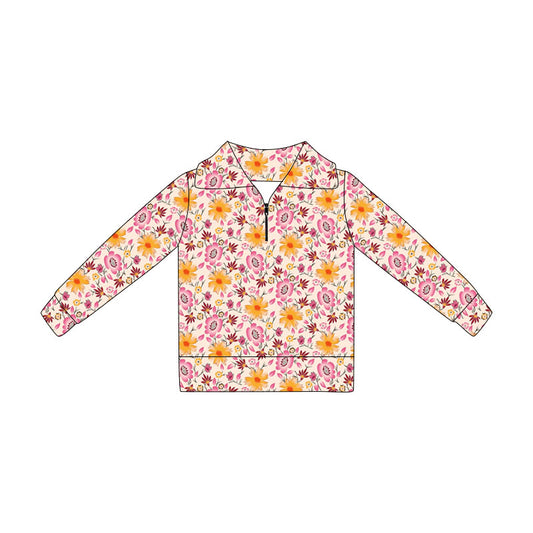MOQ 5 PCS Preorder GT1648 Pink Orange Flower Zip Collar Long Sleeve Girls Tops 202604