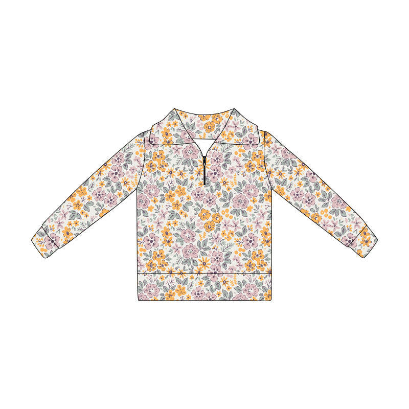 MOQ 5 PCS Preorder GT1649 Pink Orange Flower Leaf Zip Collar Long Sleeve Girls Tops 202604