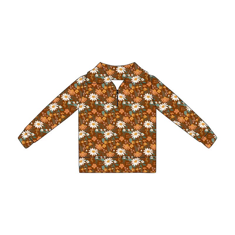 MOQ 5 PCS Preorder GT1650 Flower Leaf Red Brown Zip Collar Long Sleeve Girls Tops 202604