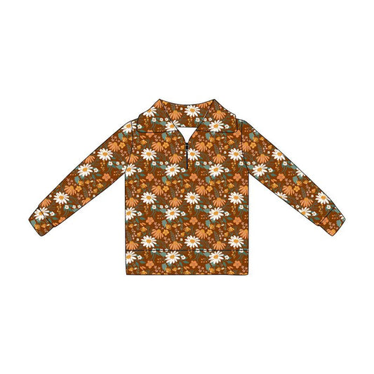 MOQ 5 PCS Preorder GT1650 Flower Leaf Red Brown Zip Collar Long Sleeve Girls Tops 202604