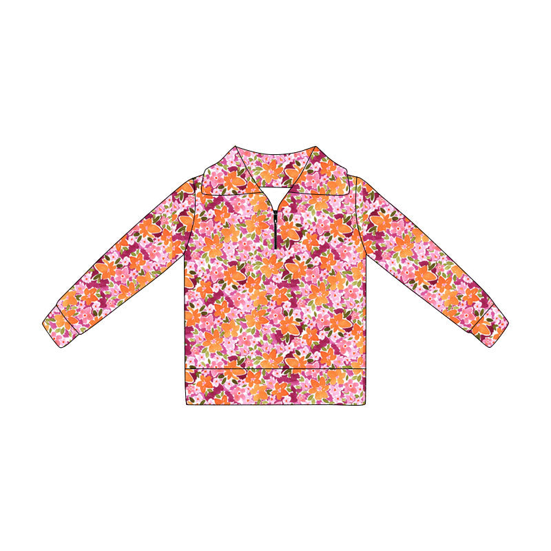 MOQ 5 PCS Preorder GT1652 Pink Purple Orange Flower Leaf Zip Collar Long Sleeve Girls Tops 202604