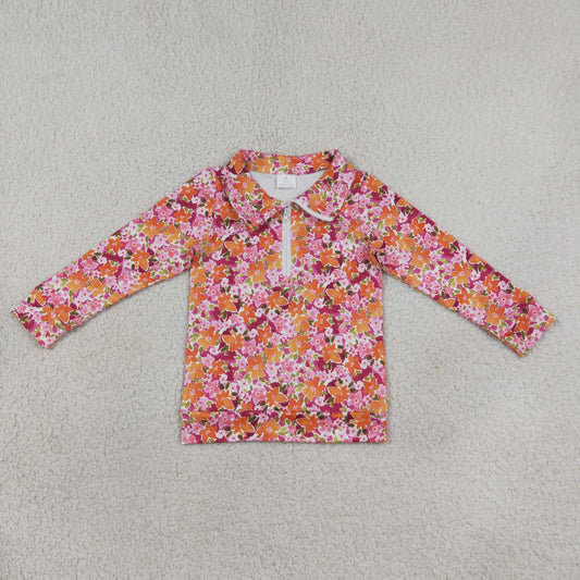 GT1652 Pink Purple Orange Flower Leaf Zip Collar Long Sleeve Girls Tops 202608 RTS