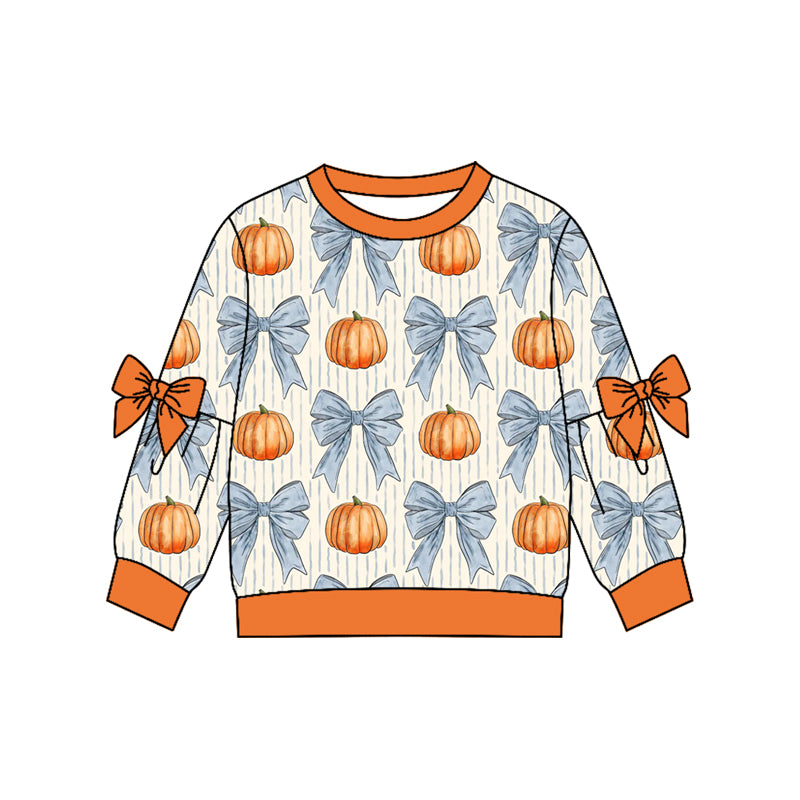 MOQ 5 PCS Preorder GT1654 Pumpkin Bows Stripe Orange Long Sleeve Girls Tops 202604