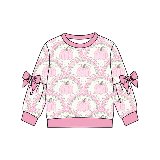 MOQ 5 PCS Preorder GT1655 Pumpkin Bows Pink Long Sleeve Girls Tops 202604