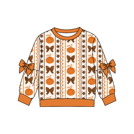 MOQ 5 PCS Preorder GT1656 Pumpkin Leaf Bows Orange Long Sleeve Girls Tops 202604