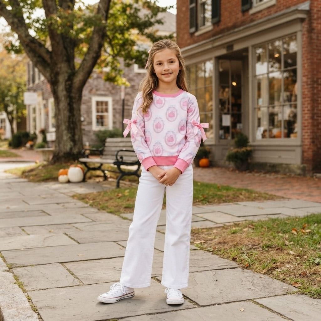GT1657 Fall Pumpkin Bows Pink Kids Girls Shirt Top