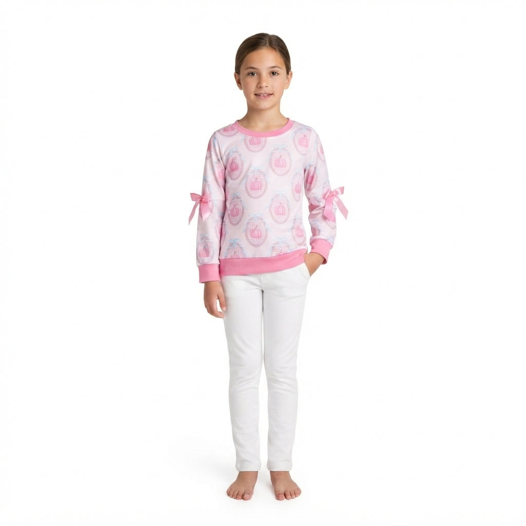 GT1657 Fall Pumpkin Bows Pink Kids Girls Shirt Top