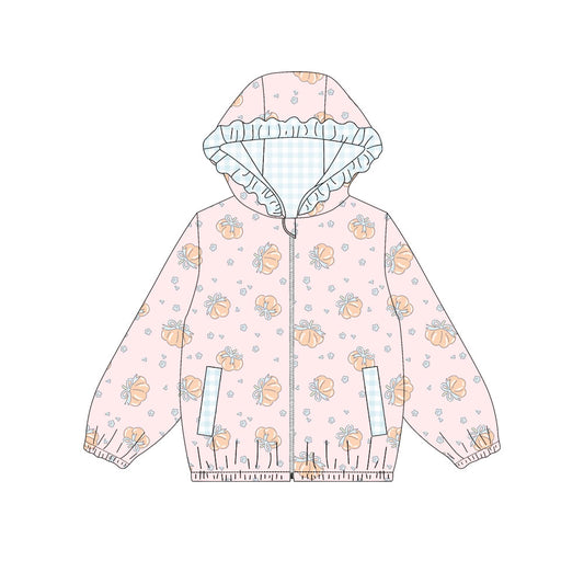 MOQ 5 PCS Preorder GT1660 Pumpkin Bows Light Blue Plaid Ruffle Pink Zip Hooded Long Sleeve Girls Tops 202604