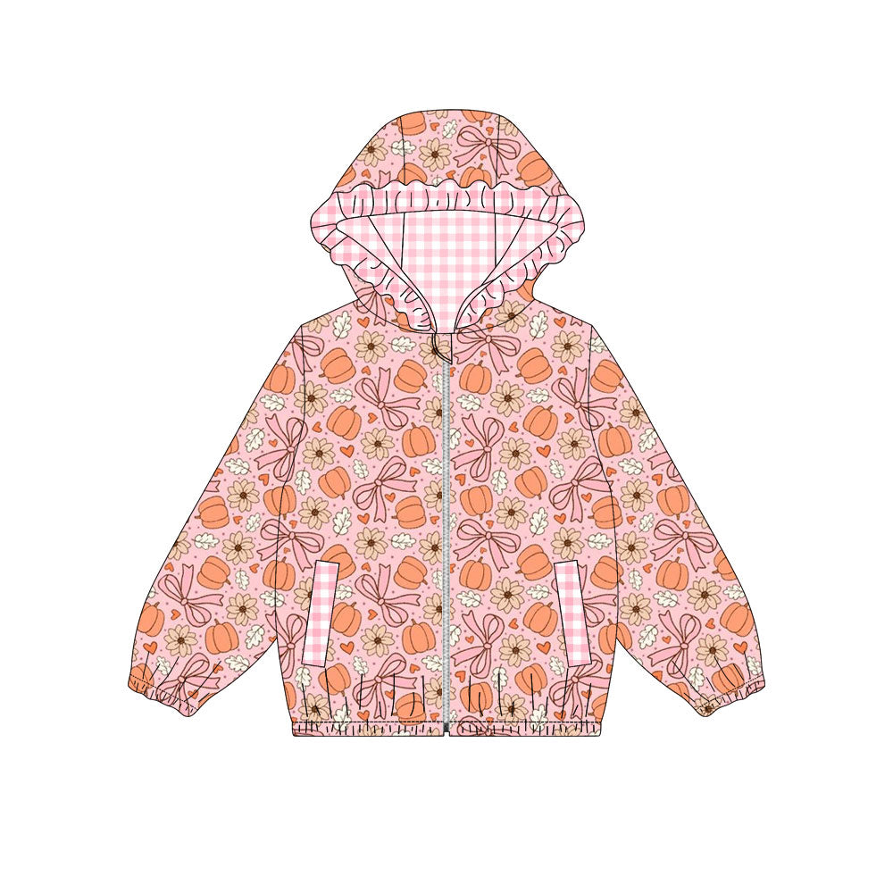 MOQ 5 PCS Preorder GT1661 Pumpkin Flower Bows Pink Plaid Ruffle Pink Zip Hooded Long Sleeve Girls Tops 202604