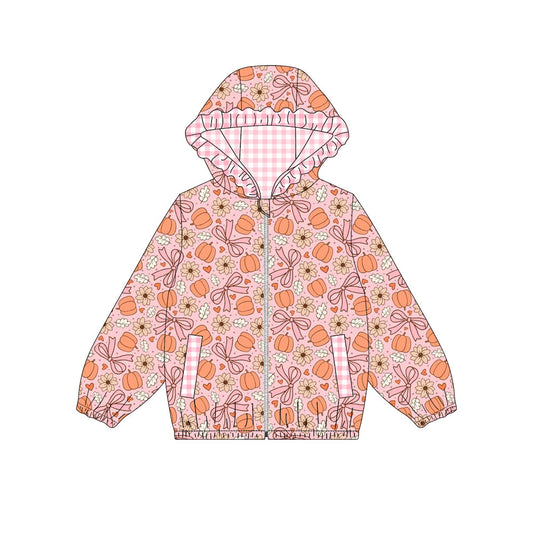 MOQ 5 PCS Preorder GT1661 Pumpkin Flower Bows Pink Plaid Ruffle Pink Zip Hooded Long Sleeve Girls Tops 202604