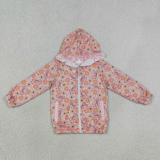GT1661 Pumpkin Flower Bows Pink Plaid Ruffle Pink Zip Hooded Long Sleeve Girls Tops 202608 RTS