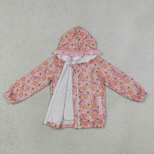 GT1661 Pumpkin Flower Bows Pink Plaid Ruffle Pink Zip Hooded Long Sleeve Girls Tops 202608 RTS