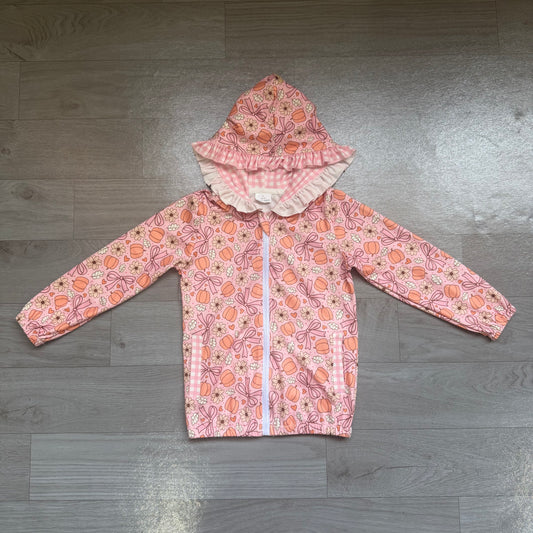 NO MOQ Preorder GT1661 Pumpkin Flower Bows Pink Plaid Ruffle Pink Zip Hooded Long Sleeve Girls Tops 202607
