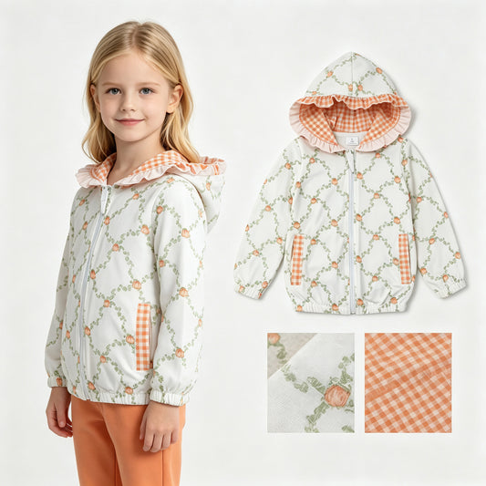 GT1662 Pumpkin Leaf Orange Plaid Ruffle White Zip Hooded Long Sleeve Girls Tops 202607 RTS