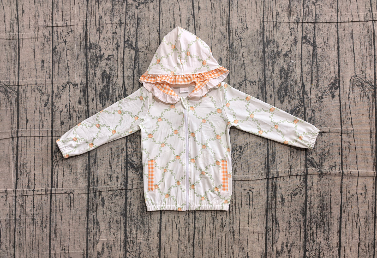 NO MOQ Preorder GT1662 Pumpkin Leaf Orange Plaid Ruffle White Zip Hooded Long Sleeve Girls Tops 202606