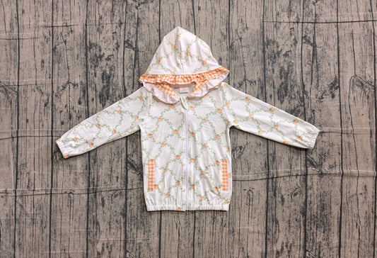 NO MOQ Preorder GT1662 Pumpkin Leaf Orange Plaid Ruffle White Zip Hooded Long Sleeve Girls Tops 202606