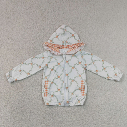 GT1662 Pumpkin Leaf Orange Plaid Ruffle White Zip Hooded Long Sleeve Girls Tops 202607 RTS