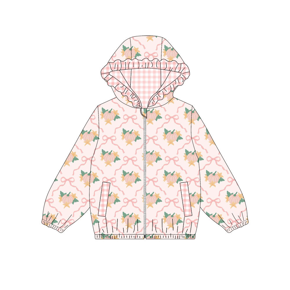 MOQ 5 PCS Preorder GT1663 Pumpkin Bows Leaf Pink Plaid Ruffle Zip Hooded Long Sleeve Girls Tops 202604