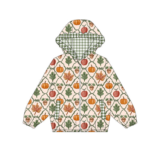 MOQ 5 PCS Preorder GT1664 Pumpkin Leaf Green Plaid Ruffle Zip Hooded Long Sleeve Girls Tops 202604