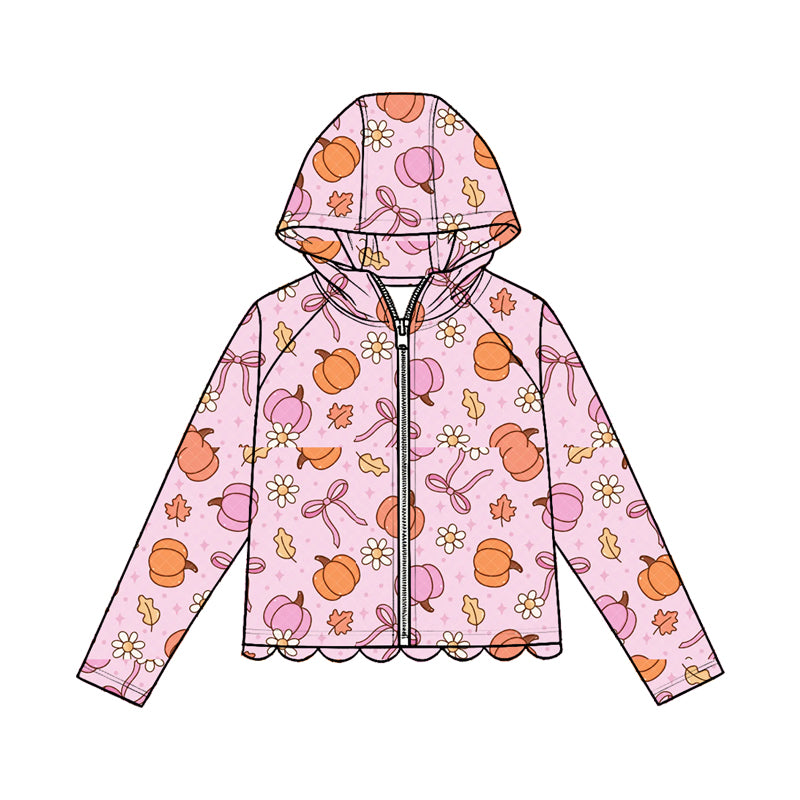 MOQ 30 PCS Preorder GT1666 Pumpkin Flower Leaf Bows Pink Scalloped Zip Hooded Long Sleeve Girls Tops 202604