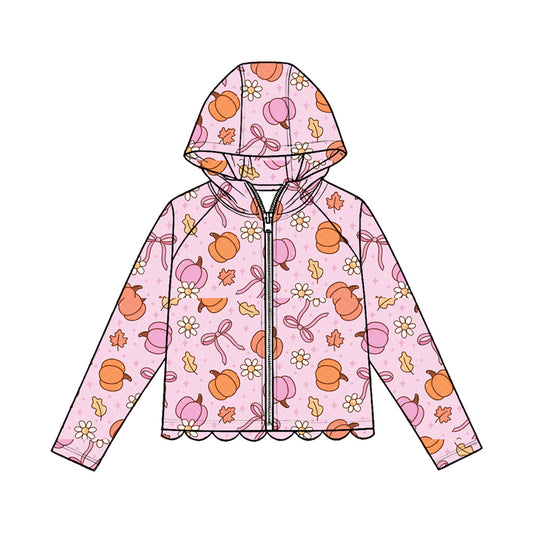 MOQ 30 PCS Preorder GT1666 Pumpkin Flower Leaf Bows Pink Scalloped Zip Hooded Long Sleeve Girls Tops 202604
