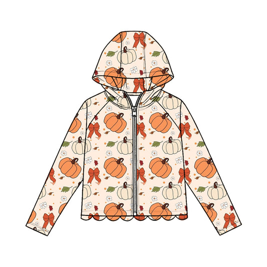 MOQ 30 PCS Preorder GT1667 Pumpkin Flower Leaf Bows Beige Scalloped Zip Hooded Long Sleeve Girls Tops 202604