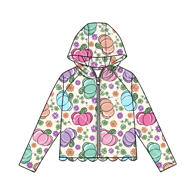 MOQ 30 PCS Preorder GT1668 Colored Pumpkin Flower Leaf Beige Scalloped Zip Hooded Long Sleeve Girls Tops 202604