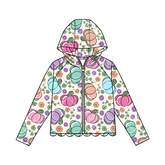 MOQ 30 PCS Preorder GT1668 Colored Pumpkin Flower Leaf Beige Scalloped Zip Hooded Long Sleeve Girls Tops 202604