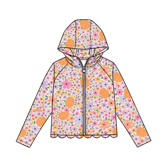 MOQ 30 PCS Preorder GT1669 Pumpkin Pink Purple Flower Scalloped Zip Hooded Long Sleeve Girls Tops 202604