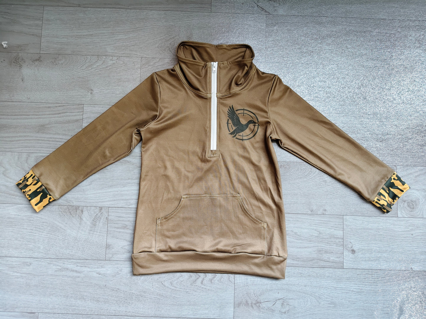NO MOQ Preorder GT1698 Duck Hunting Brown Zip Collar Long Sleeve Girls Tops 202607