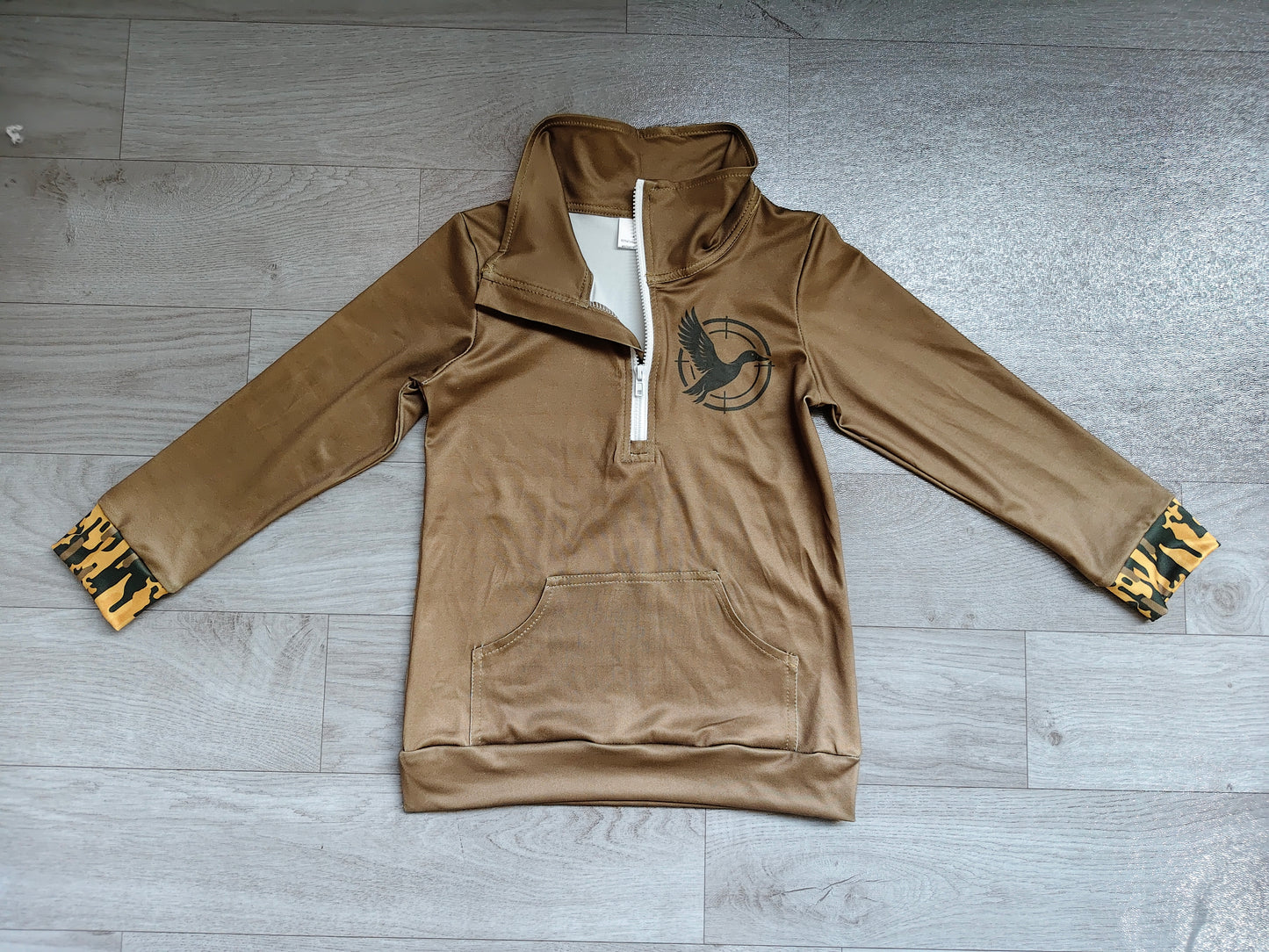 NO MOQ Preorder GT1698 Duck Hunting Brown Zip Collar Long Sleeve Girls Tops 202607