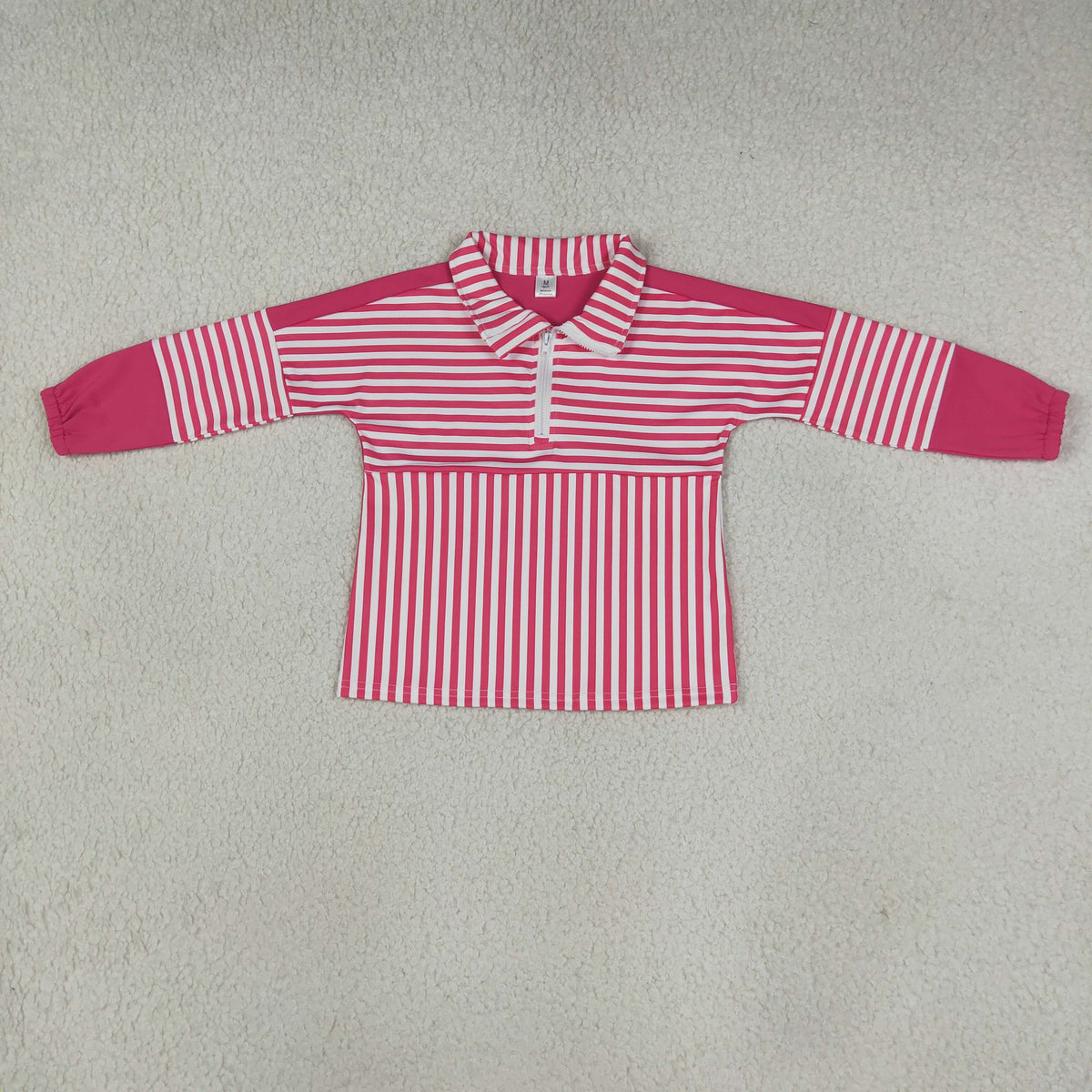 GT1715 Rose Red Stripe Yoga Zipper Polo Pullover Kids Girls Shirt Top