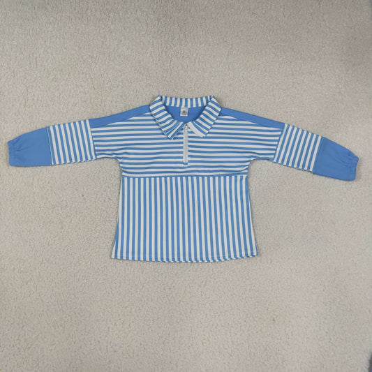 GT1716 Sky Blue Stripe Yoga Zipper Polo Pullover Kids Girls Shirt Top