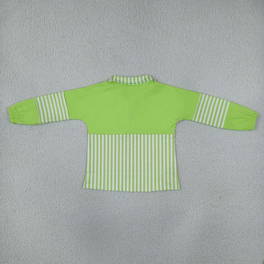 GT1718 Green Stripe Yoga Zipper Polo Pullover Kids Girls Shirt Top