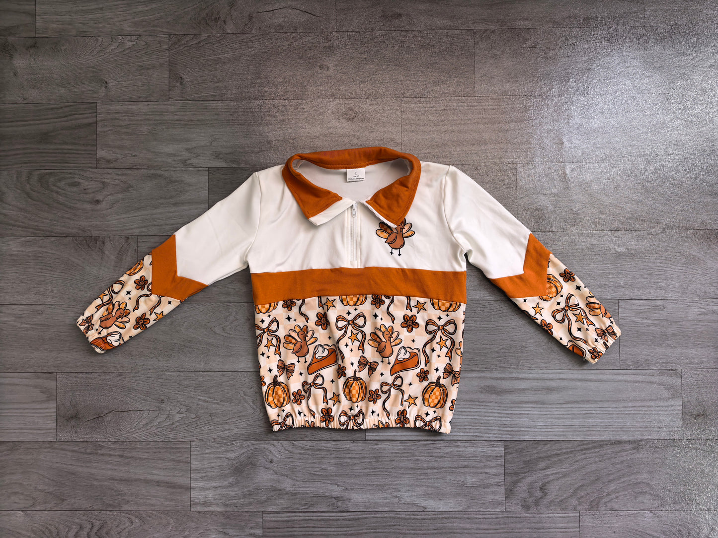 NO MOQ Preorder GT1723 Thanksgiving Turkey Pumpkin Bows Plaid Stripe Polo Zip Long Sleeve Girls Tops 202607
