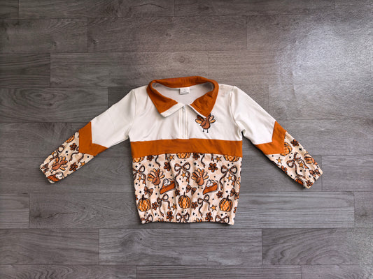 NO MOQ Preorder GT1723 Thanksgiving Turkey Pumpkin Bows Plaid Stripe Polo Zip Long Sleeve Girls Tops 202607