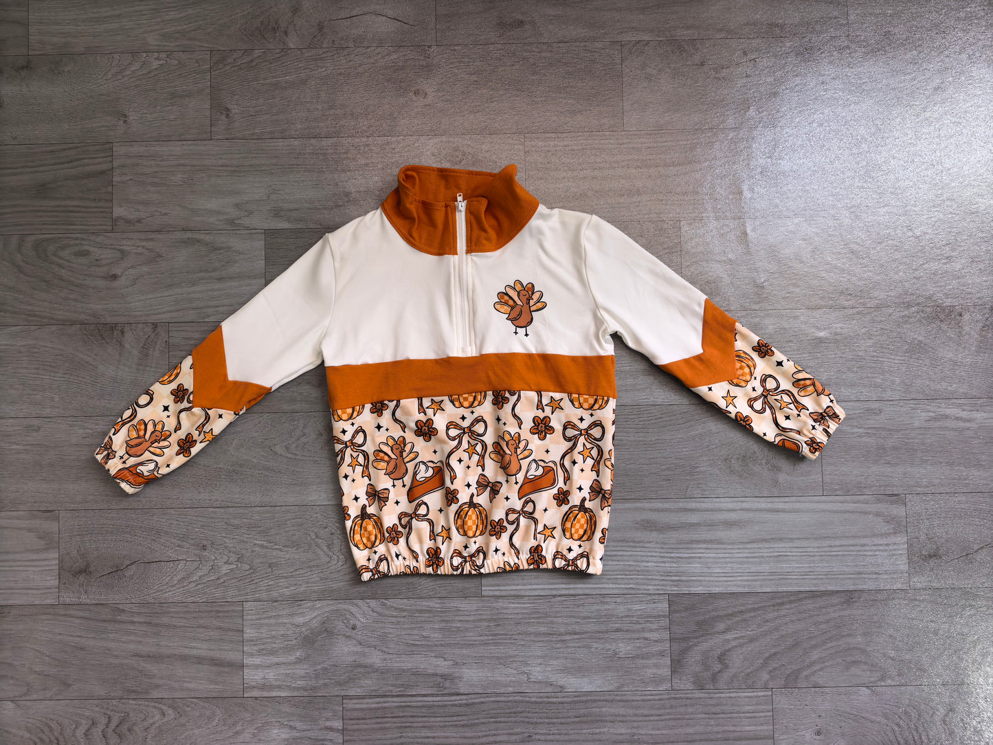 NO MOQ Preorder GT1723 Thanksgiving Turkey Pumpkin Bows Plaid Stripe Polo Zip Long Sleeve Girls Tops 202607