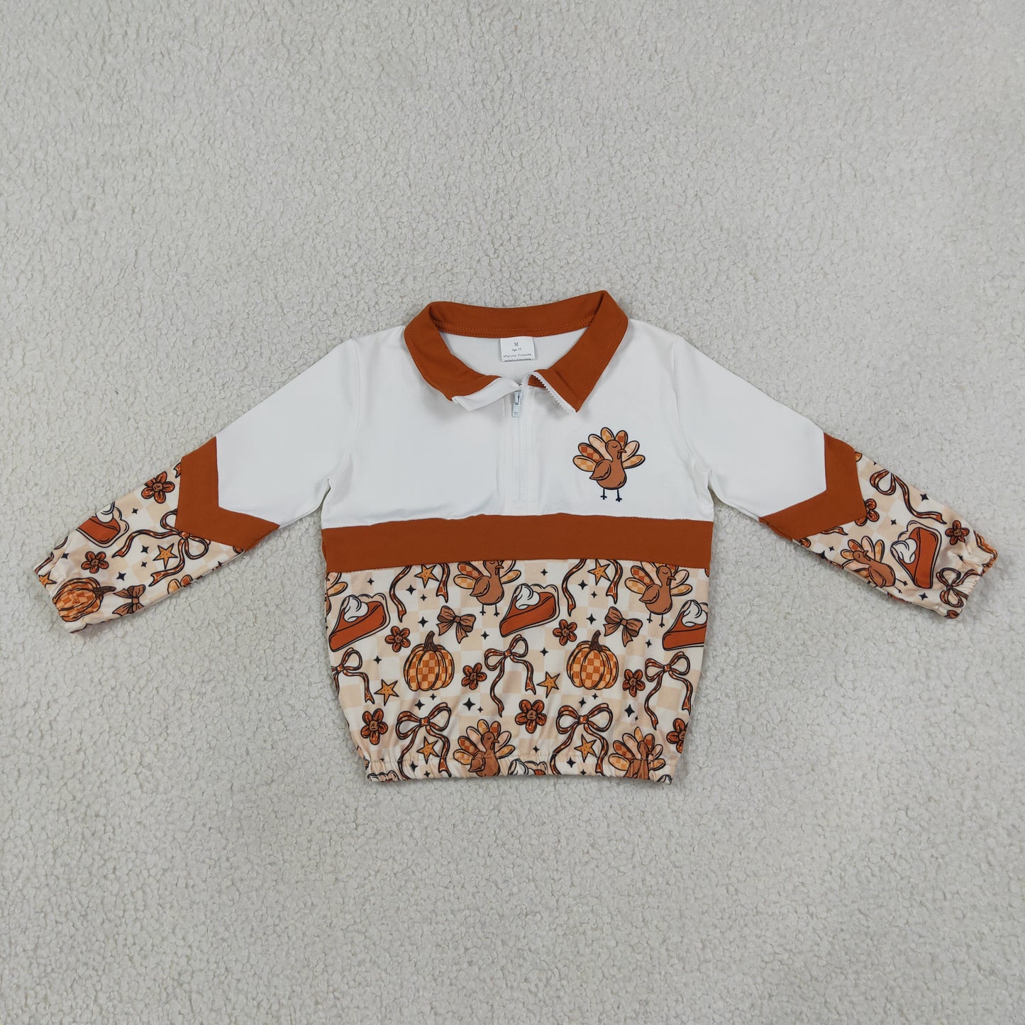 GT1723 Thanksgiving Turkey Pumpkin Bows Plaid Stripe Polo Zip Long Sleeve Girls Tops 202607 RTS