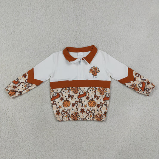 GT1723 Thanksgiving Turkey Pumpkin Bows Plaid Stripe Polo Zip Long Sleeve Girls Tops 202607 RTS
