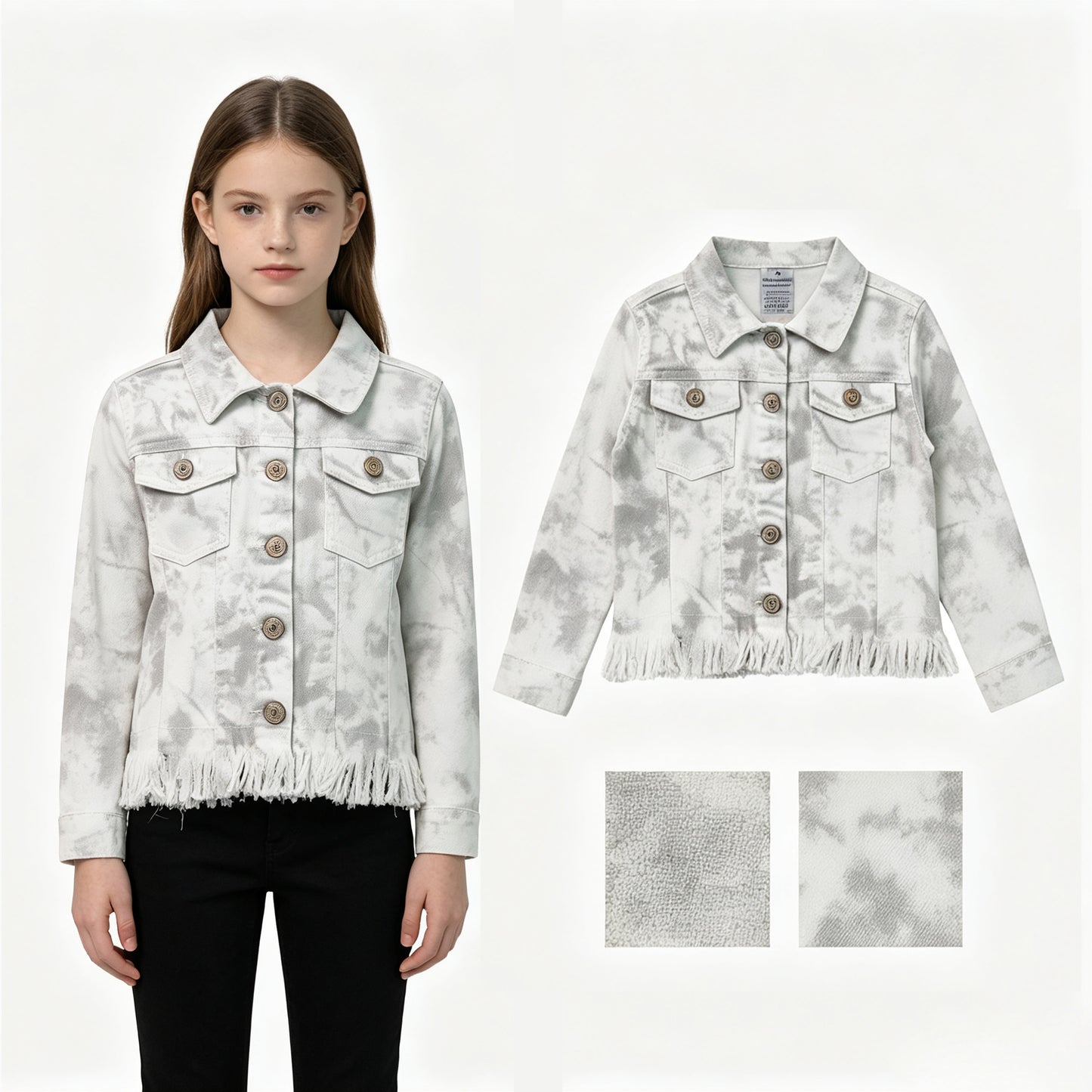 GT1752 Off-White Long Sleeve Boy & Girl Denim Jacket with Fringe 202607 RTS