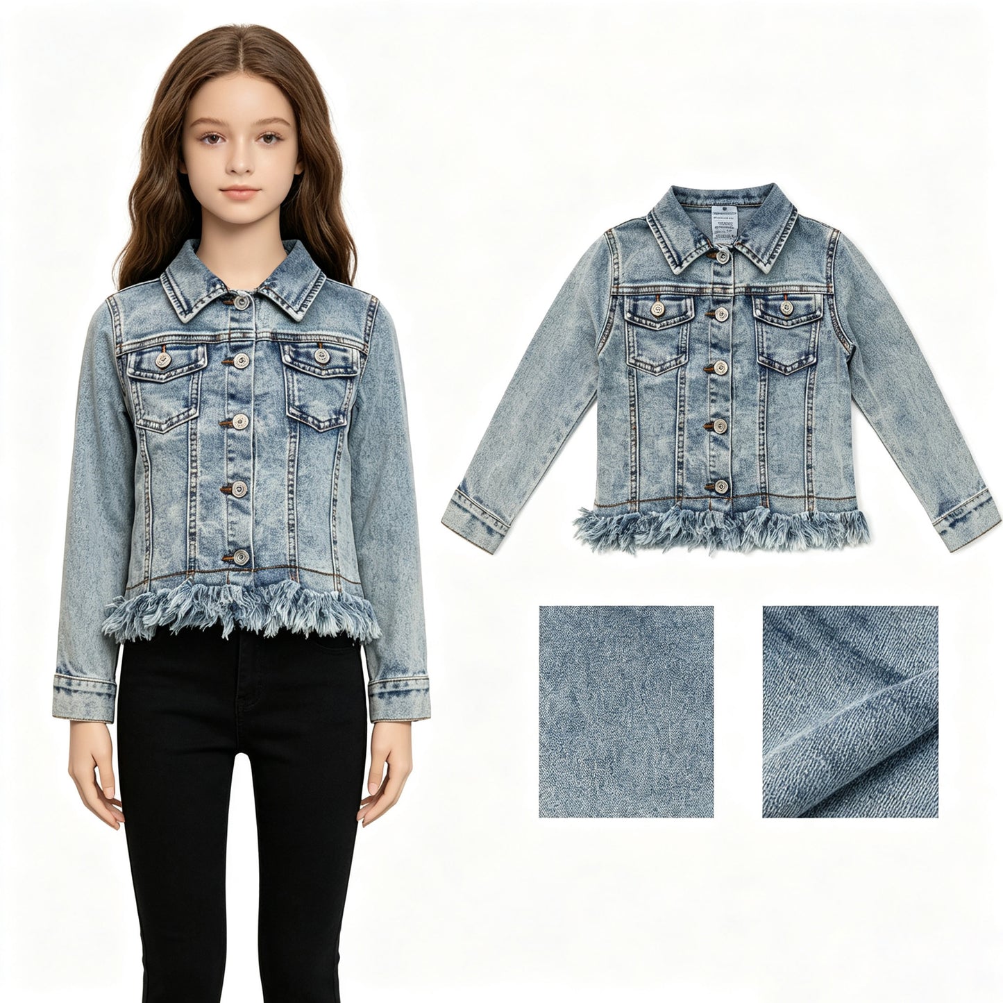 GT1753 Off-Blue Pocket Long Sleeve Boy & Girl Denim Jacket with Fringe 202607 RTS
