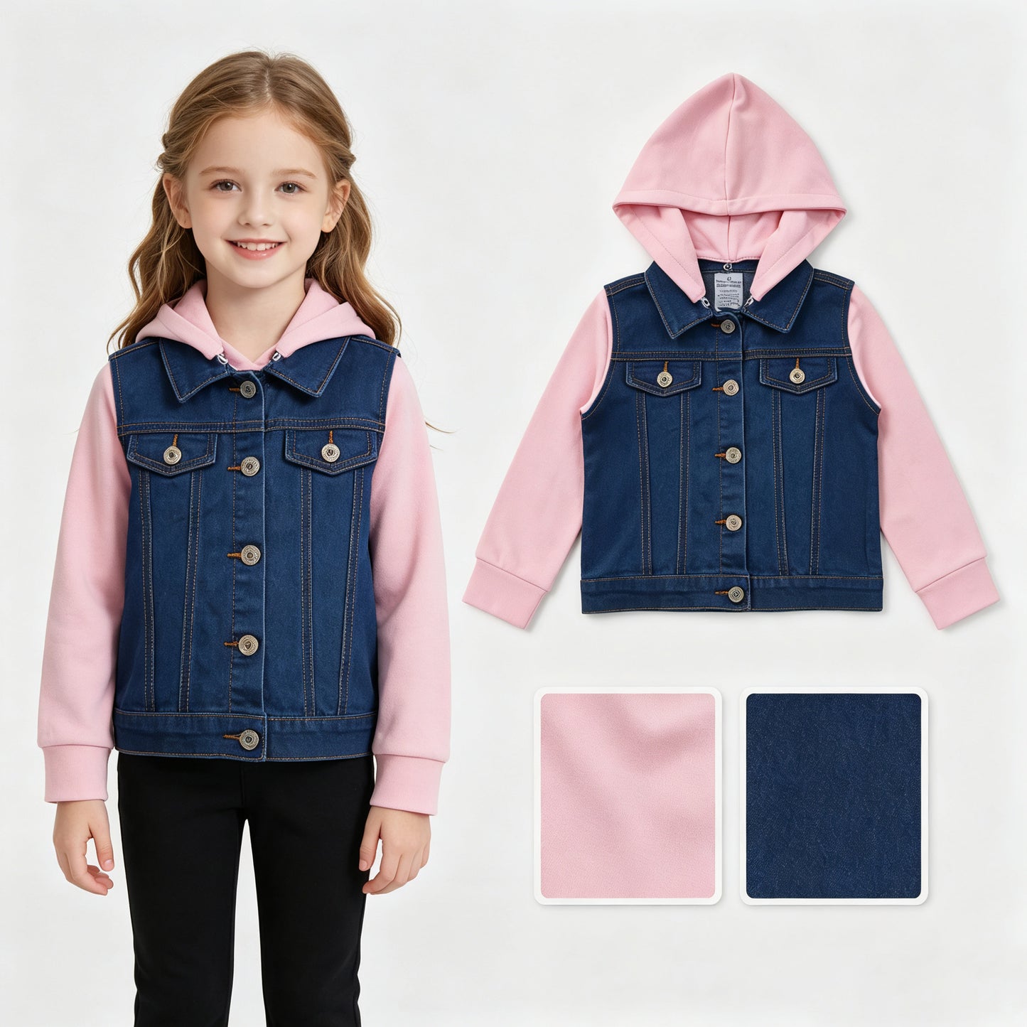 GT1754 Pink Hooded Pocket Blue Long Sleeve Boy & Girl Denim Jacket 202607 RTS