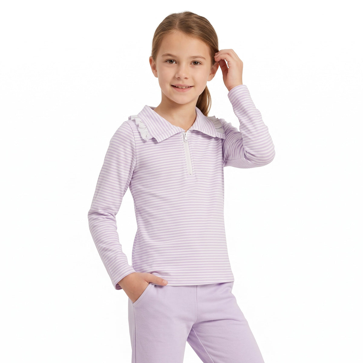 GT1758 Light Purple Stripe Kids Girls Zipper Pullover