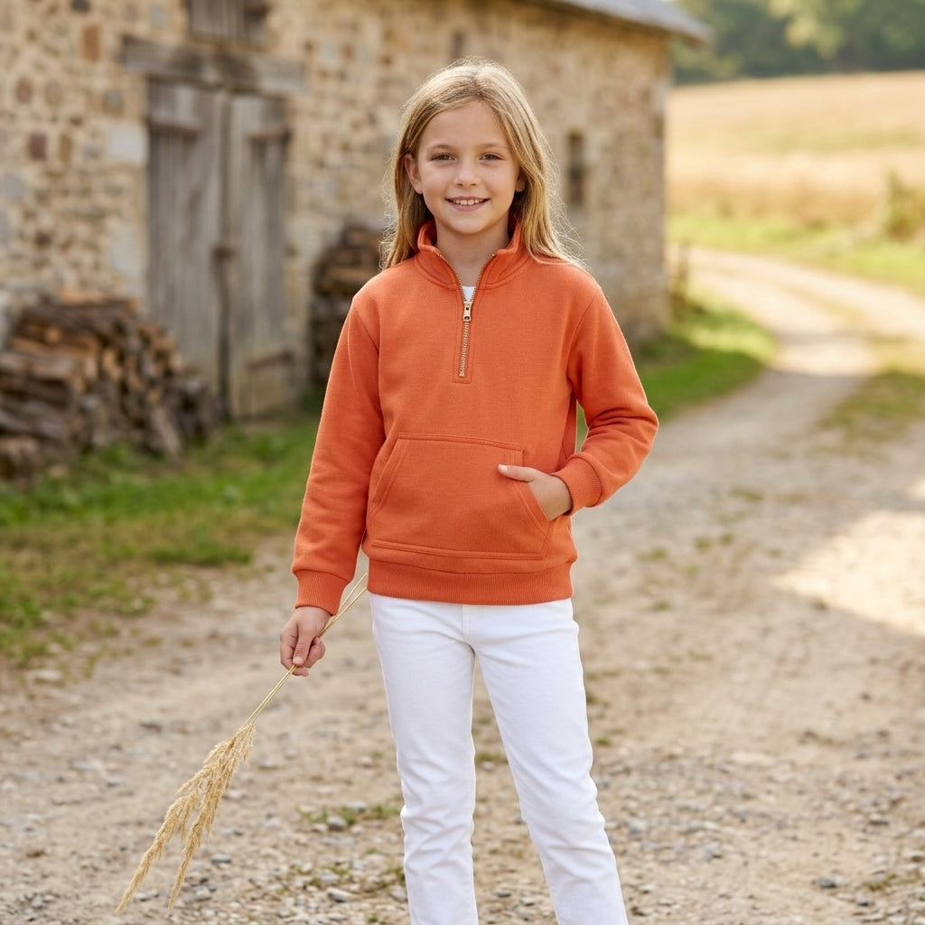 GT1765 Thick Sweatshirts Solid Color Orange Zipper Kids Girls Pullover