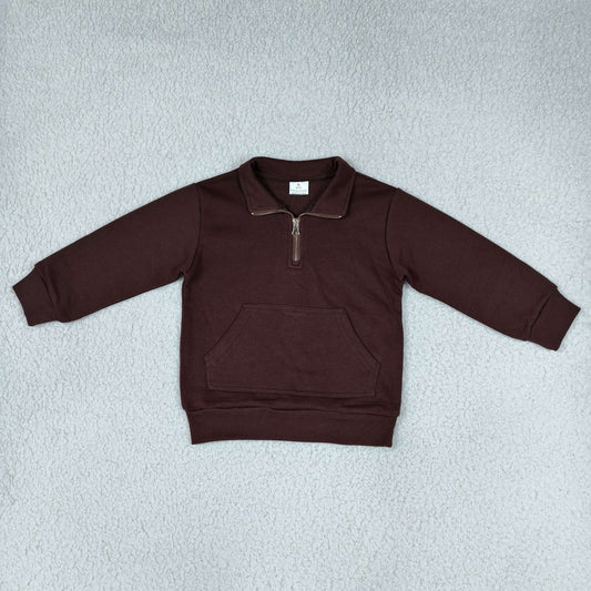 GT1766 Thick Sweatshirts Solid Color Brown Zipper Kids Girls Pullover
