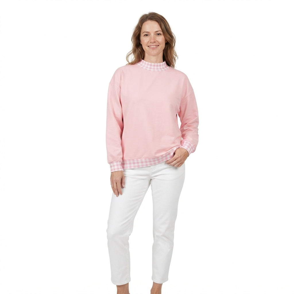GT1794 Thick Sweatshirts Pink Plaid Middle Neckline Adult Women's Shirt Pullover